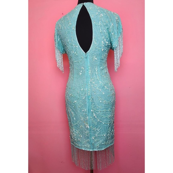 Vintage 1980's does 20's Silk Beaded Turquoise Asymmetrical Fringe Dress - Picture 6 of 10